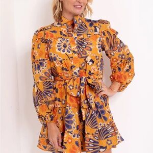 FARM Rio Vibrant Orange and Blue Floral Dress